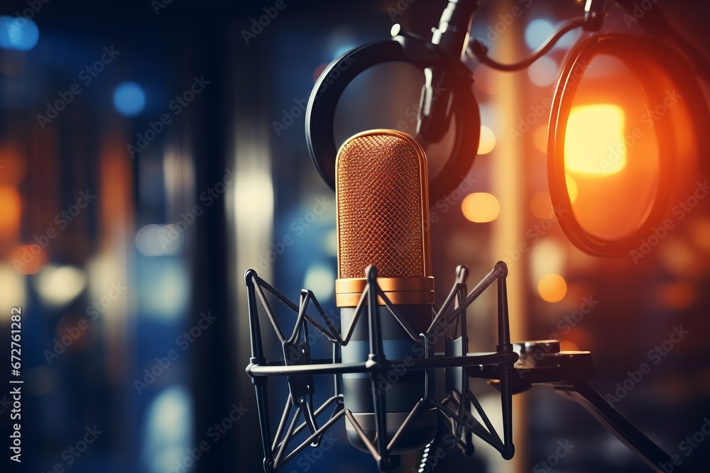 Condenser studio microphone with blurred background and audio mixer, musical instrument concept Condenser studio microphone with blurred background and audio mixer, musical instrument concept