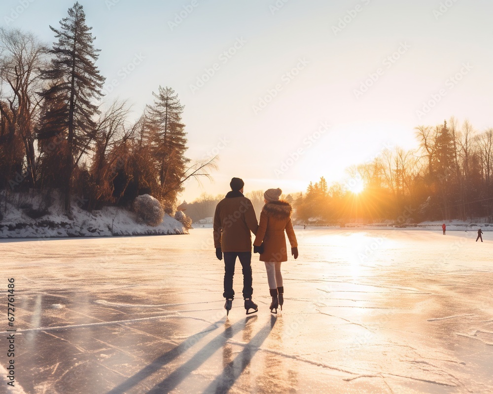 beautiful winter scene of a couple ice skating. beautiful winter scene of a couple ice skating.