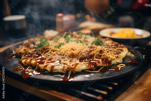 Japanese food - Okonomiyaki in hot griddle in casual teppanyaki eat , close-up view 