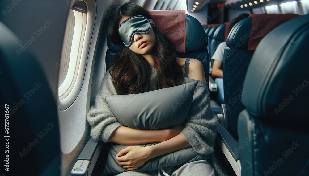 Restless young Asian woman trying to sleep in economy class showcases the common discomfort and sleep issues during long international flights - obrazy, fototapety, plakaty 