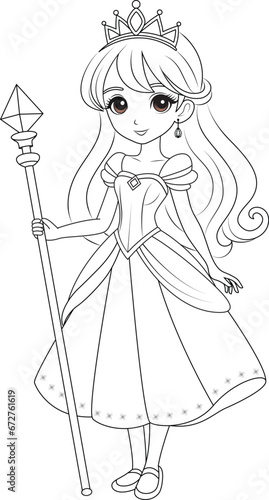 Coloring page chibi princess with a magical staff