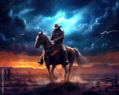 Western Cowboy riding his horse at night under the stars. © Nipon