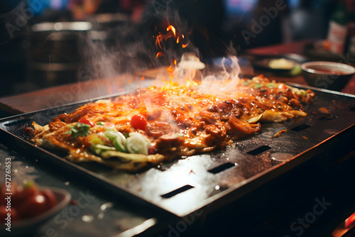 Japanese food - Okonomiyaki in hot griddle in casual teppanyaki eat , close-up view 