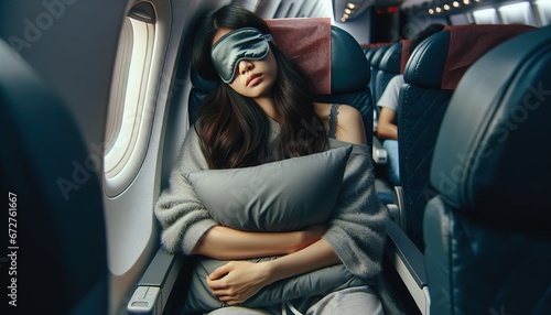 Restless young Asian woman trying to sleep in economy class showcases the common discomfort and sleep issues during long international flights