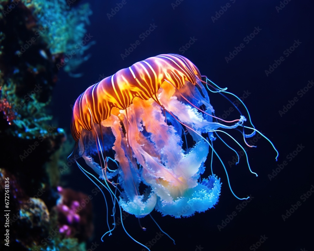 glowing jellyfish on the deep sea. glowing jellyfish on the deep sea.