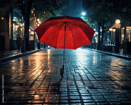Walk on quiet street with red umbrella silent and rning night walks on quiet street with red umbrella photo