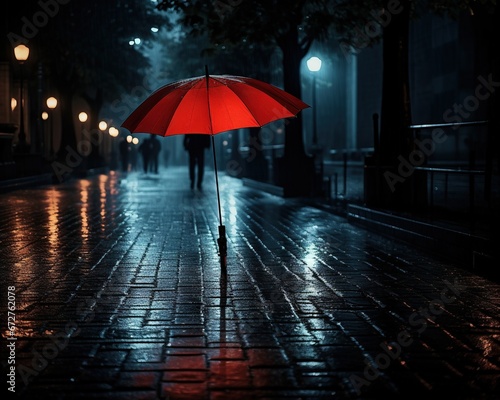 Walk on quiet street with red umbrella silent and rning night walks on quiet street with red umbrella photo
