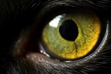 An eerie eye that resembles a black cat, reptile, or alien, with a slender yellow pupil. Generative AI