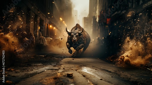Majestic bull running in the middle of a busy city street, AI-generated. photo