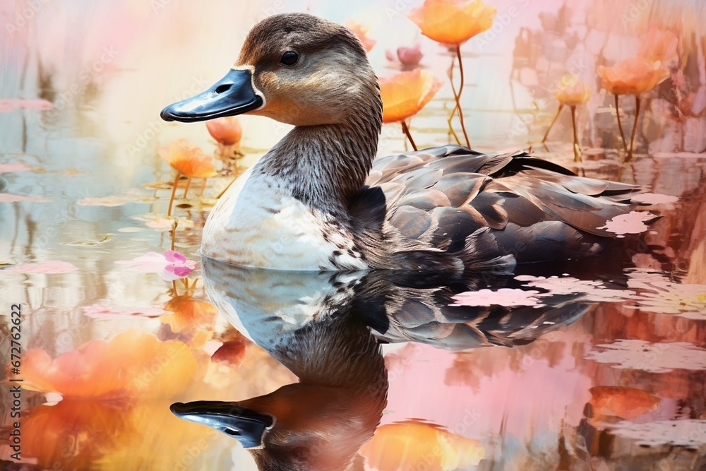 Blend of musk duck and pastel in a captivating double exposure. Generative AI - obrazy, fototapety, plakaty 