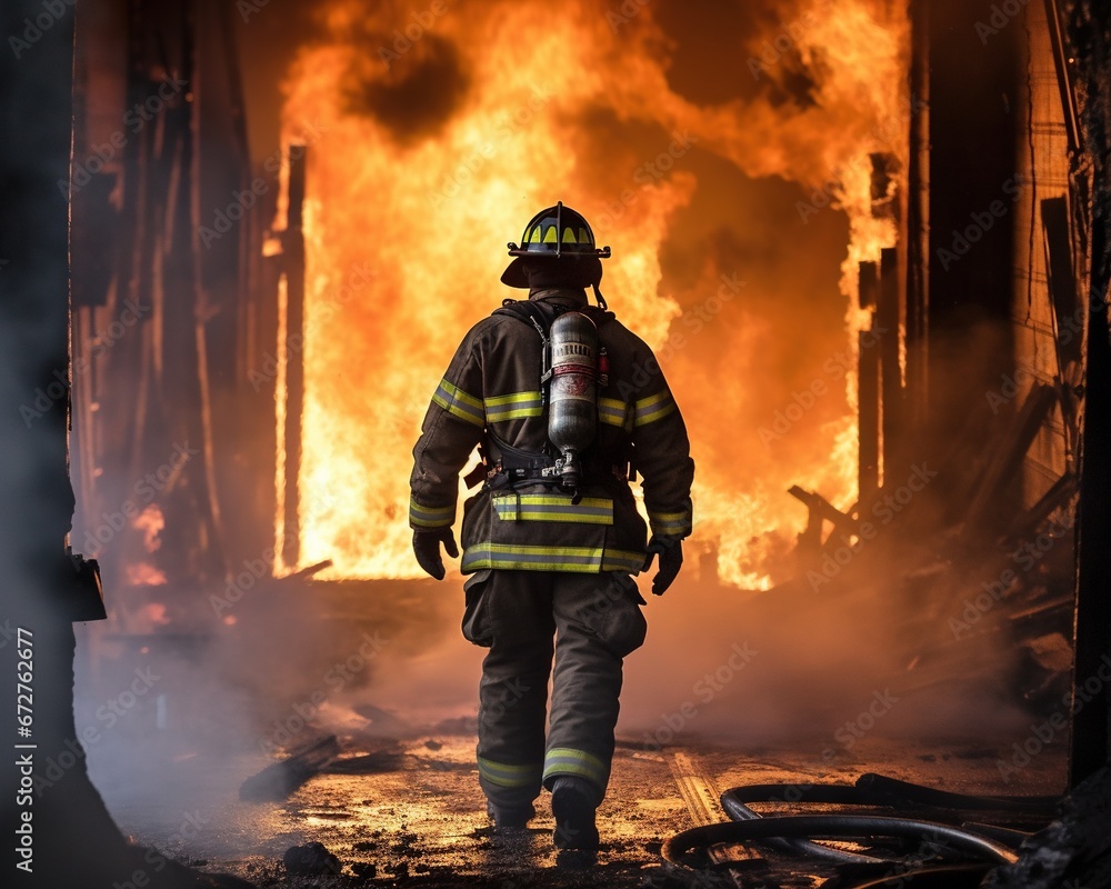 Obraz premium Firefighter works on fire while walking inside a burning building.