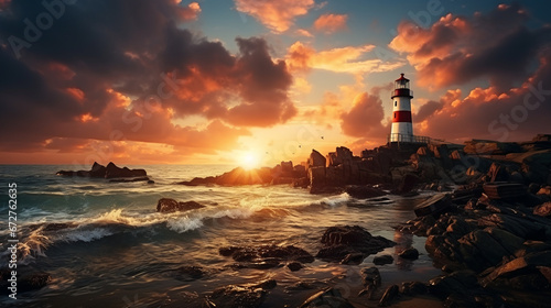 Lighthouse at sunset on the coast. AI Generative