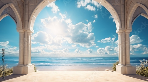 View of the beach through the arches of a beautiful villa. AI Generative.