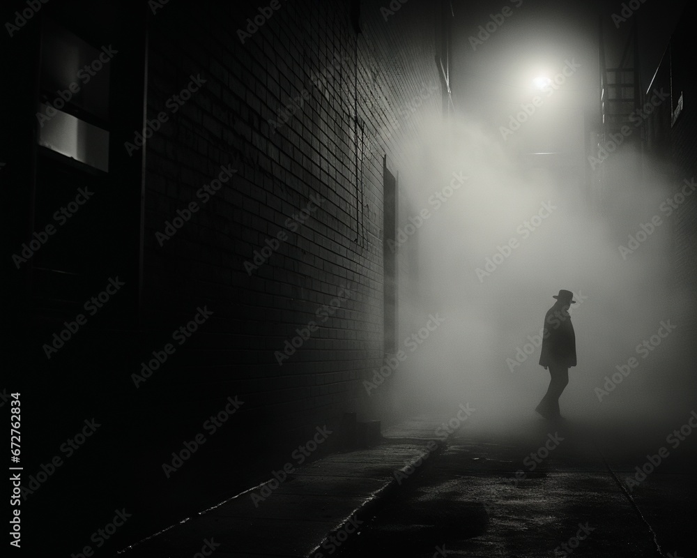 figure emerges from an alley where a person hesitates to light a cigarette.