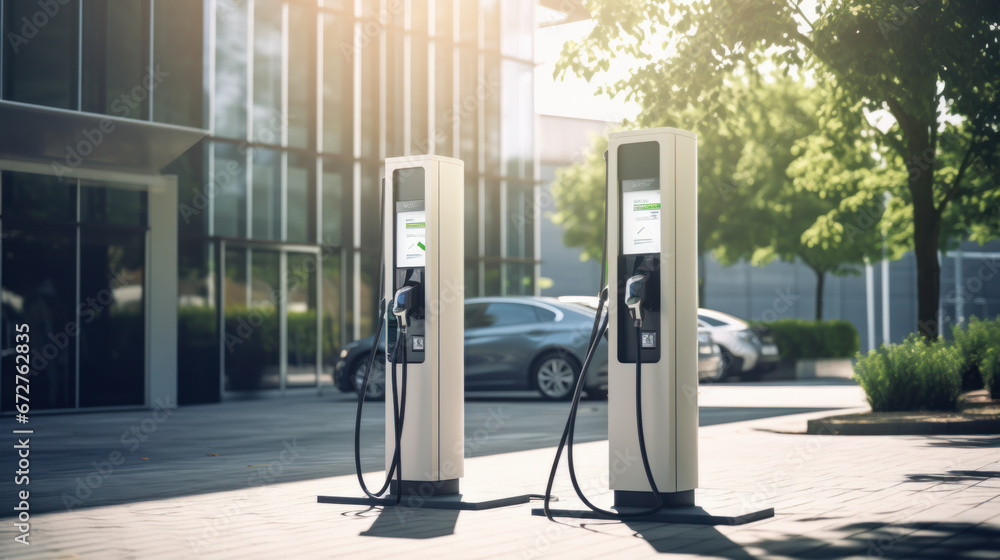Electric vehicle charging station or electric vehicle charging stations with graphic display. Electric public charging powered by renewable clean energy. Concept of technology, ecology. Electric vehicle charging station or electric vehicle charging stations with graphic display. Electric public charging powered by renewable clean energy. Concept of technology, ecology.