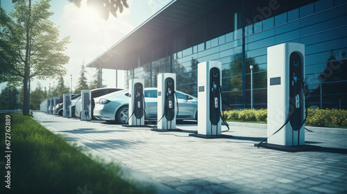 Electric vehicle charging station or electric vehicle charging stations with graphic display. Electric public charging powered by renewable clean energy. Concept of technology, ecology. photo