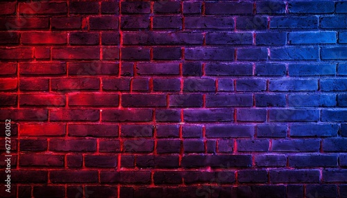 Dark brickwall illuminated with red, blue and purple color tones