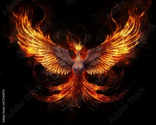 The Phoenix bird was made of fire over a black background.