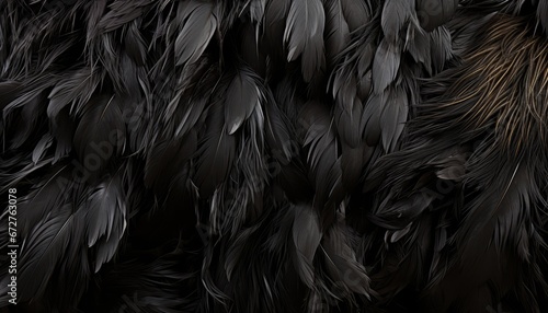 Detailed texture of black feathers background for digital art with large bird feathers