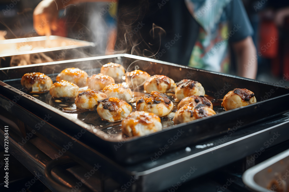 Naklejka premium Japanese food - Takoyaki in paper tray in busy street food market, close-up view