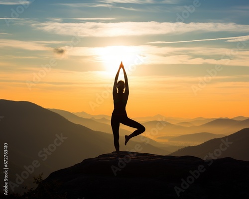 The sky background has a yoga on mountn top at sunset silhouette. photo
