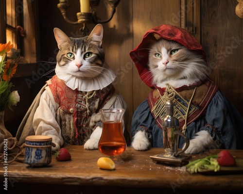 Cats sitting in an old tavern are wearing vintage outfits.