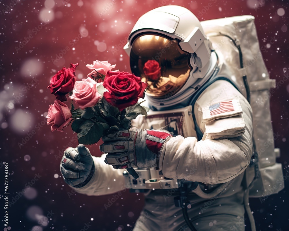 Obraz premium Space astronauts are holding flowers for a holiday.