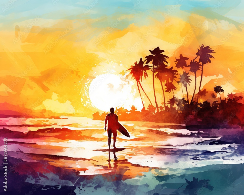 Light surfer watercolors on the beach with colorful watercolors of a surfer in a sunset.