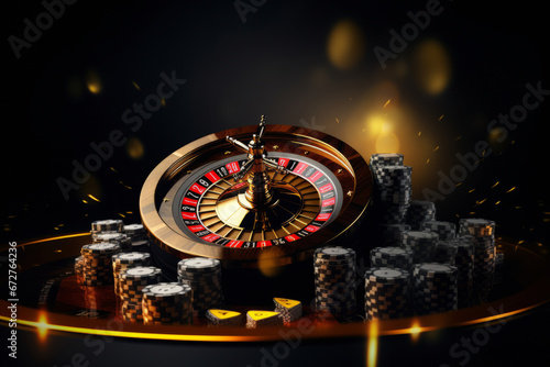Beautiful casino background with roulette table and chips on dark background. Gambling theme with space for text or inscriptions.generative ai
 photo