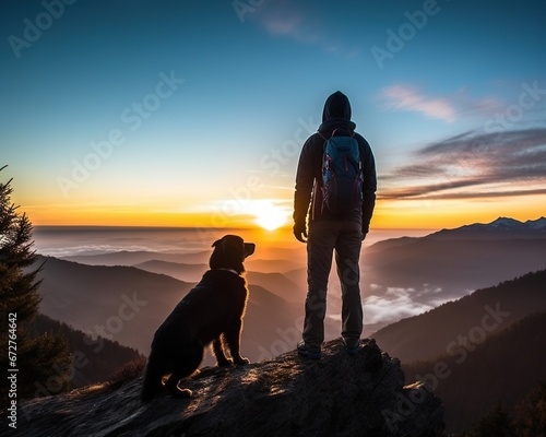 silhouette of a dog with his owner at dawn.