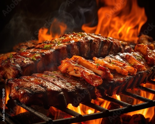 It is possible to cook the perfect Texan BBQ and honey glazed back ribs on a flaming BBQ. photo