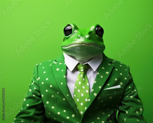 The frog is in a suit and shirt.