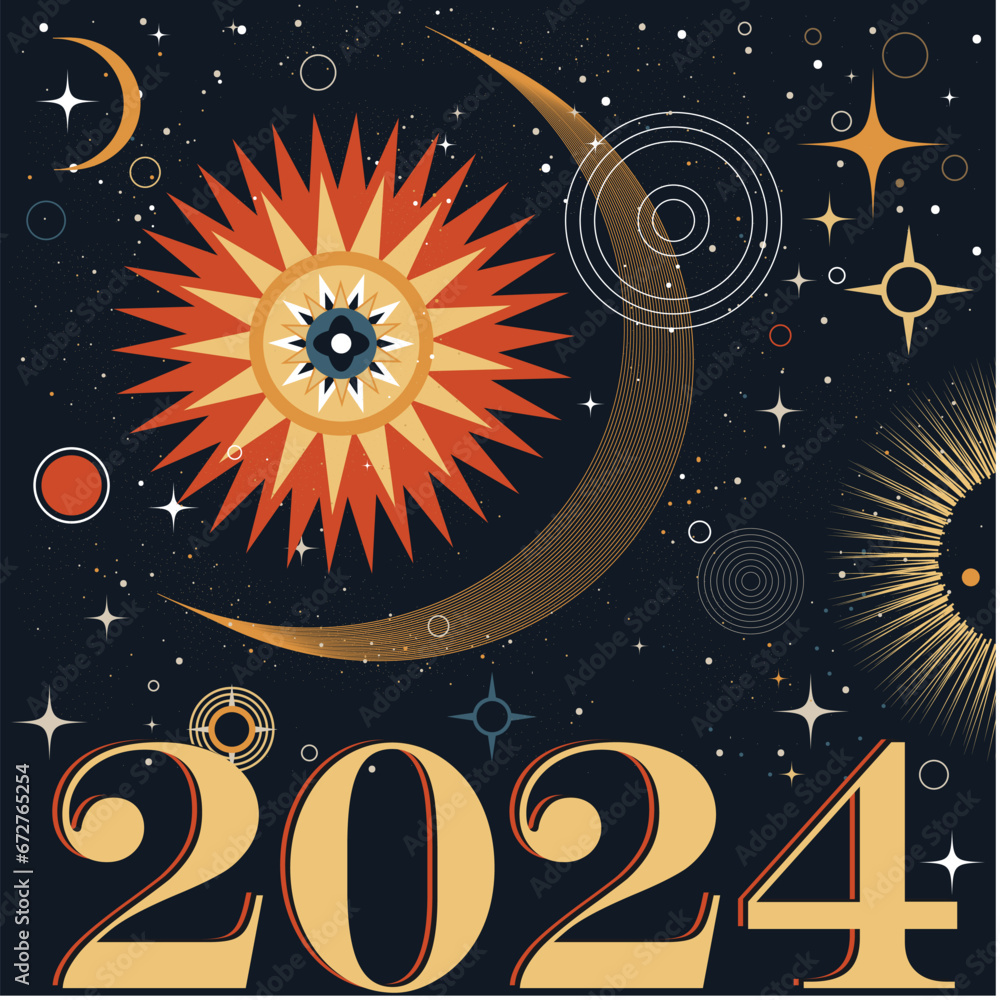 New Year 2024 Astrological Space background in blue gold orange. Sun crescent moon star zodiac esoteric universe signs vector illustration New Year 2024 Astrological Space background in blue gold orange. Sun crescent moon star zodiac esoteric universe signs vector illustration