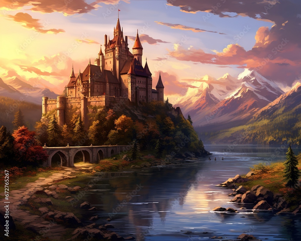 Obraz premium Castle by river at sunset is a nice landscape in the summer.