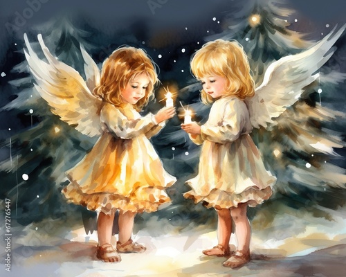 cute little angel decorating a christmas tree.