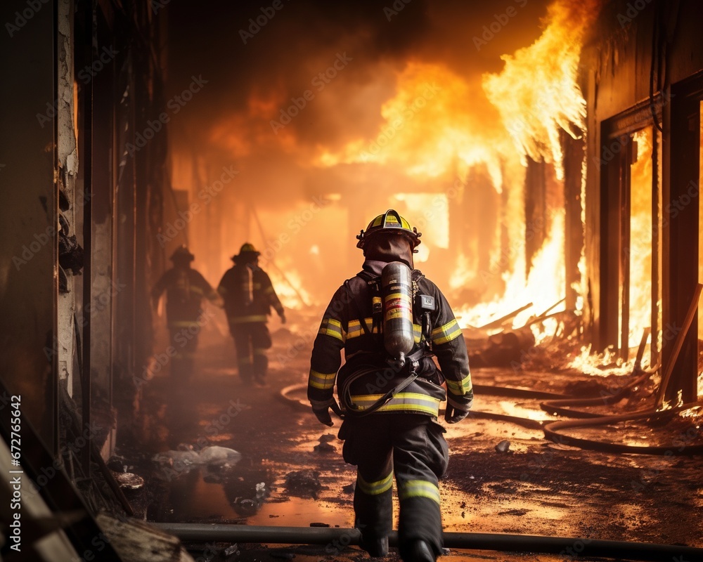 fireman is walking inside a burning building. fireman is walking inside a burning building.