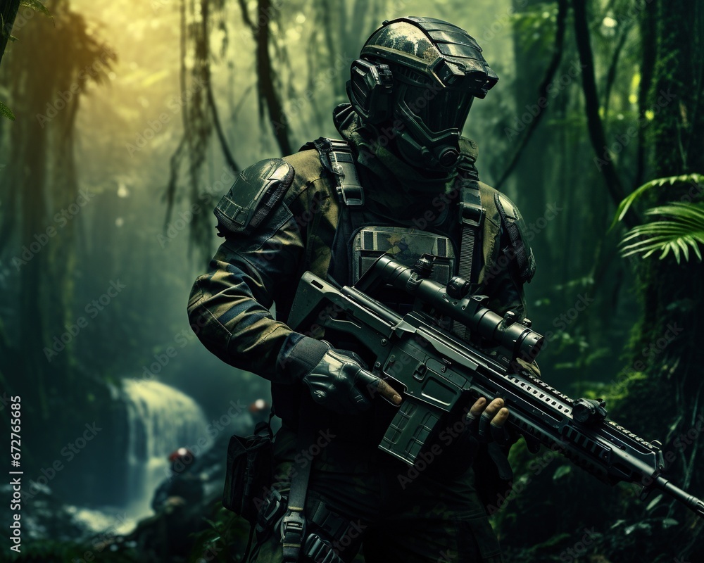 Soldier in jungle with futuristic military equipment.