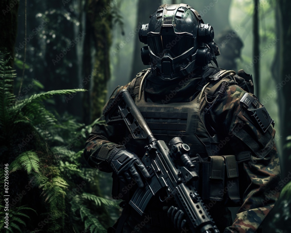 Soldier in jungle with futuristic military equipment. Soldier in jungle with futuristic military equipment.