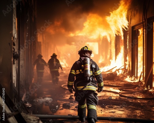fireman is walking inside a burning building. photo