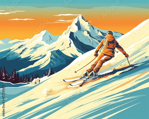 Skier slide down snowy mountn winter enjoy active pastime retro style.