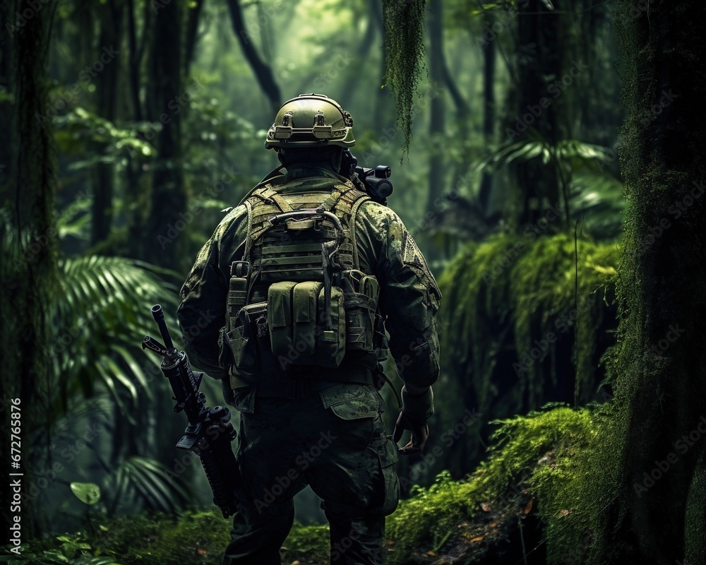 Soldier in green forest army with military equipment in jungle Soldier in green forest army with military equipment in jungle