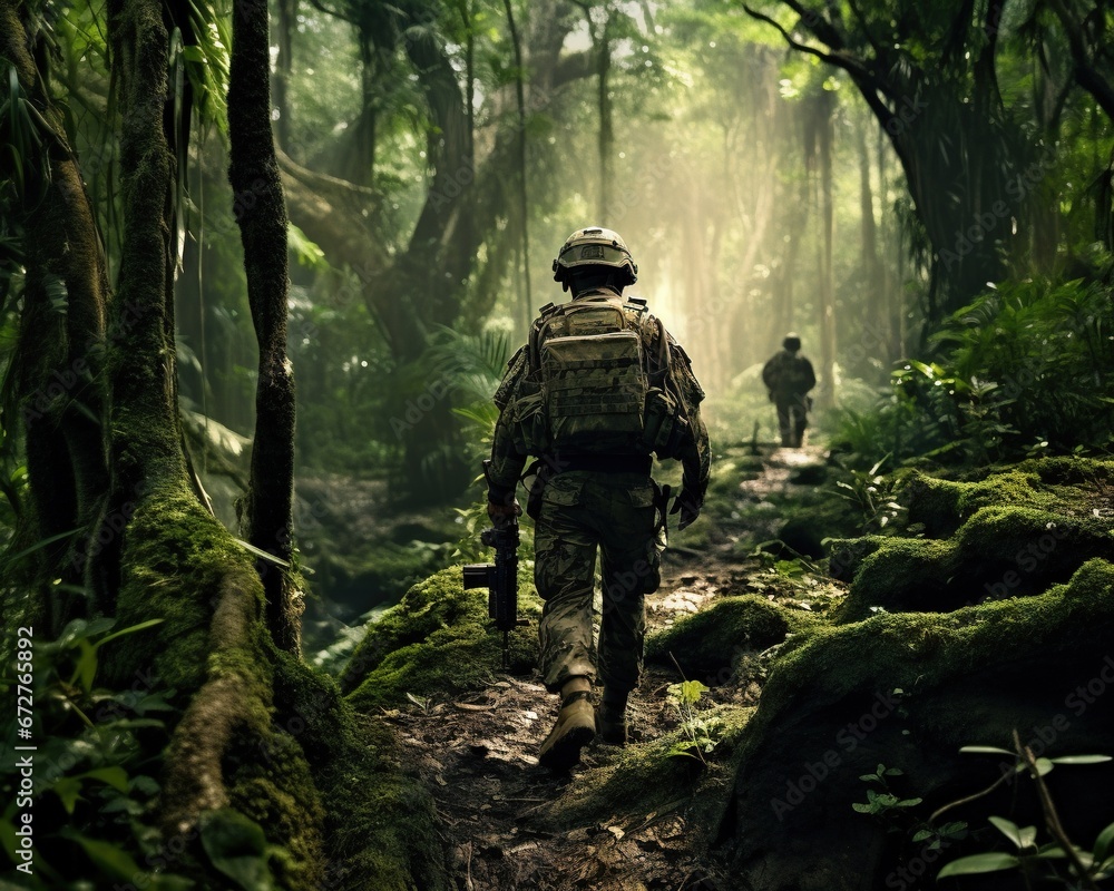 Soldier in green forest army with military equipment in jungle