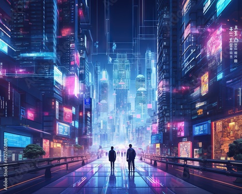 futuristic high rise neon city is walking on the streets at night.