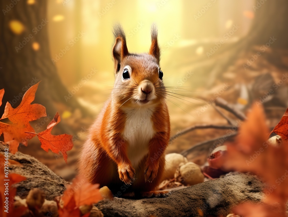 Squirrel red fur funny pets spring forest on background wild nature animal thematic