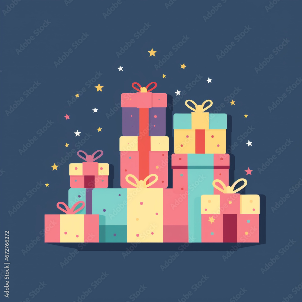 2D cartoon style illustration of several gift boxes tied with ribbons isolated on a plain background. 2D cartoon style illustration of several gift boxes tied with ribbons isolated on a plain background.