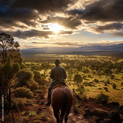 horseback rider and horse ride to overlook at Lewa Wildlife Conservancy in North Kenya, Africa at sunset photo