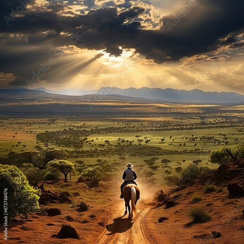 horseback rider and horse ride to overlook at Lewa Wildlife Conservancy in North Kenya, Africa at sunset photo
