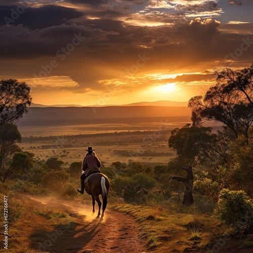 horseback rider and horse ride to overlook at Lewa Wildlife Conservancy in North Kenya, Africa at sunset © Nipon