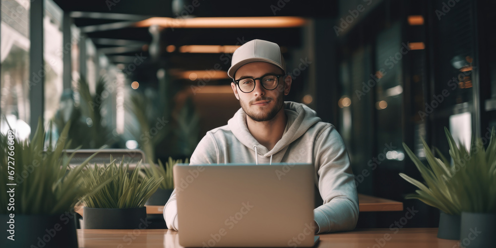 Young Man Working On Laptop In Cafe, Looking At Camera Young Man Working On Laptop In Cafe, Looking At Camera