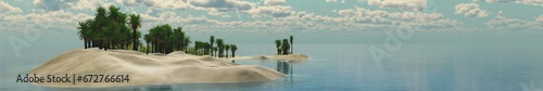 Beautiful beach with palm trees at sunset  panorama of a tropical landscape  sea sunset  3d rendering